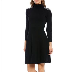 Bling Shoulder Stretch Knit Turtleneck Long Raglan Sleeve Fit  and Flare Dress